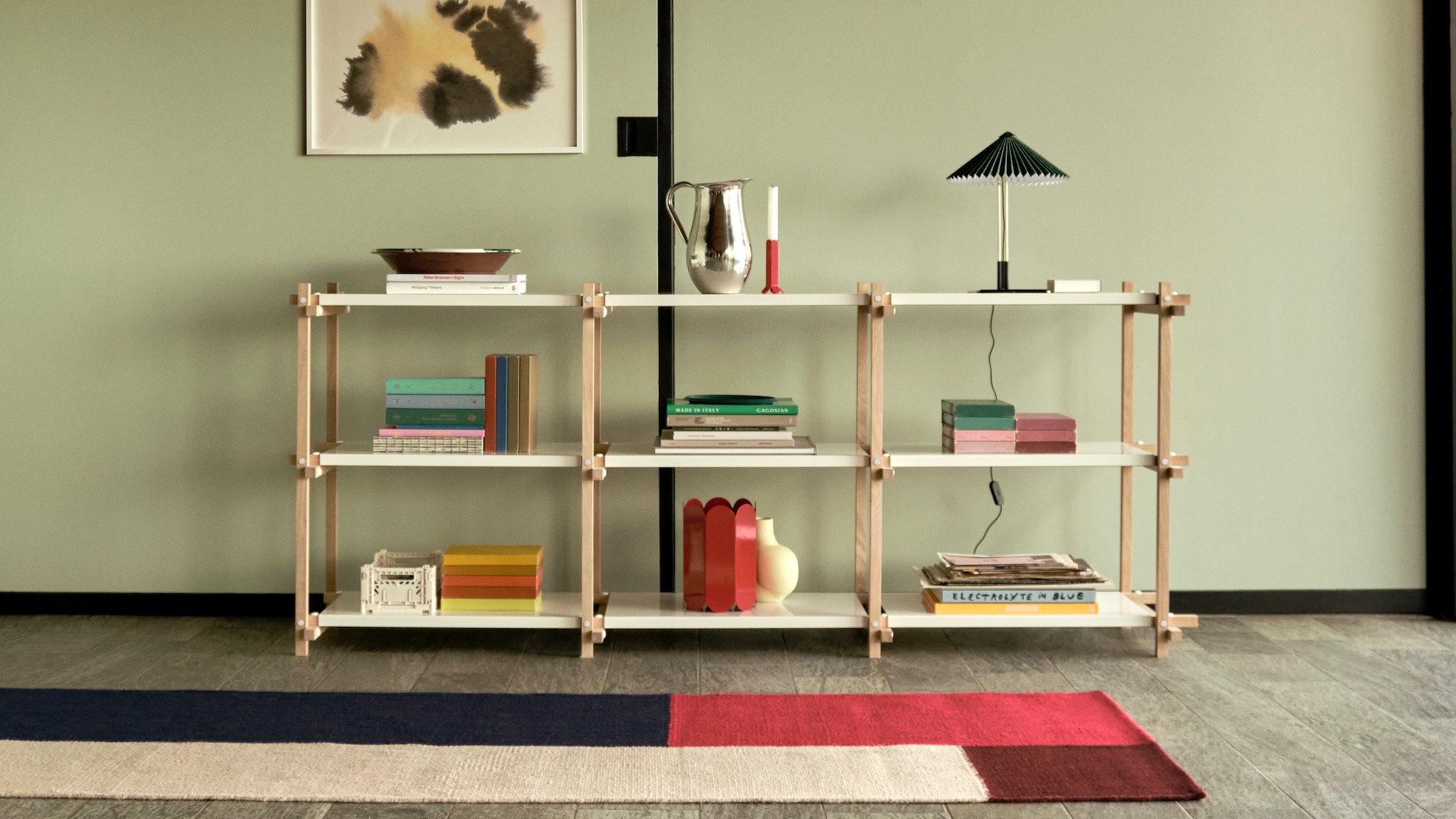 woody-low-white-shelf-oak-frame_indian-steel-pitcher-no.-2_matin-table-lamp-l-green-shade_ethan-cook-flat-works-80x250-wave-2000.jpg